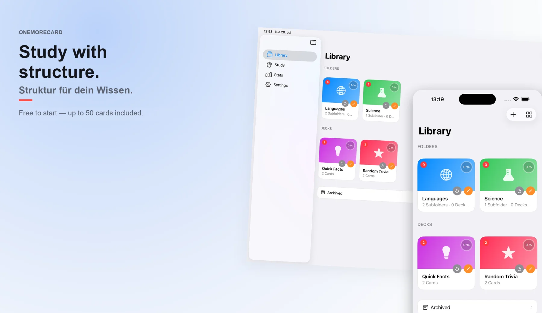 OneMoreCard on iPad and iPhone, showing the Library screen with color-coded folders and decks.