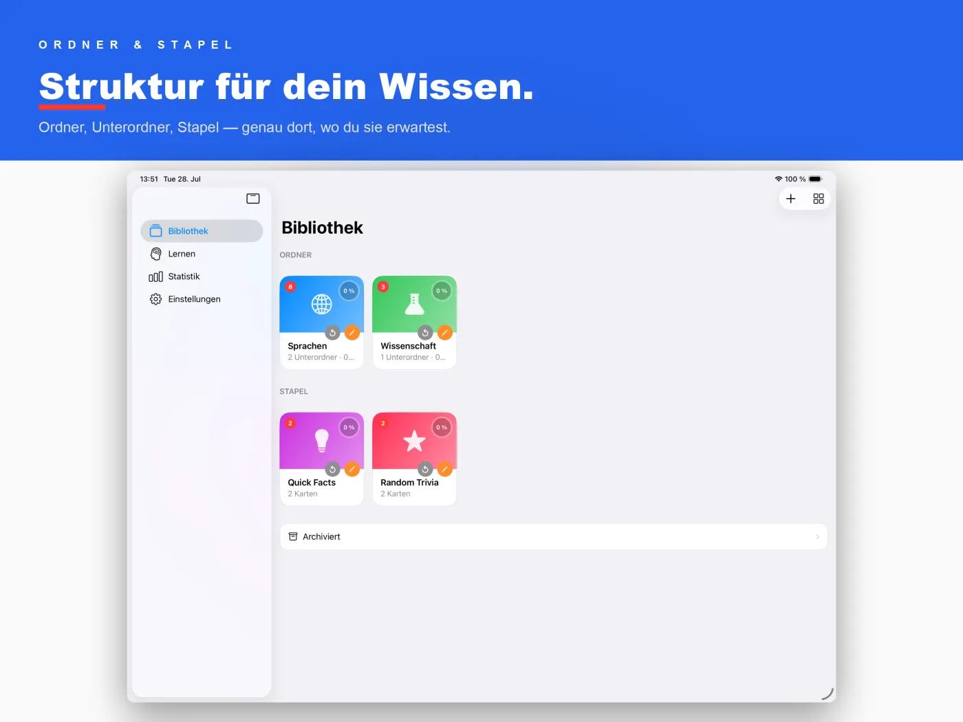 OneMoreCard auf dem iPad mit Seitenleiste und Bibliotheksansicht