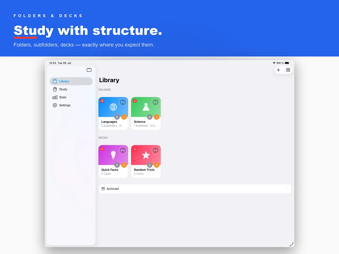 OneMoreCard on iPad with sidebar navigation and library grid