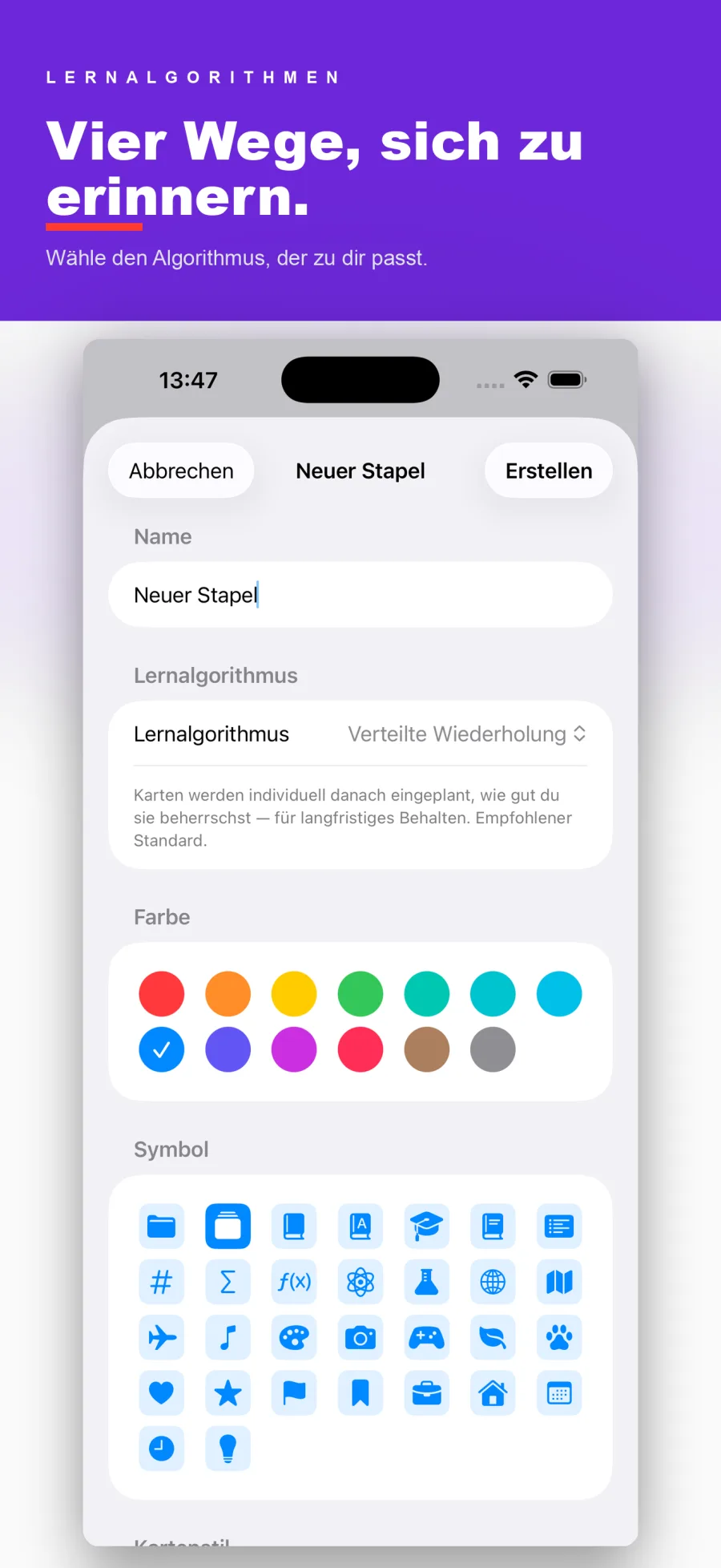 Neuer-Stapel-Ansicht mit den vier Lernalgorithmen