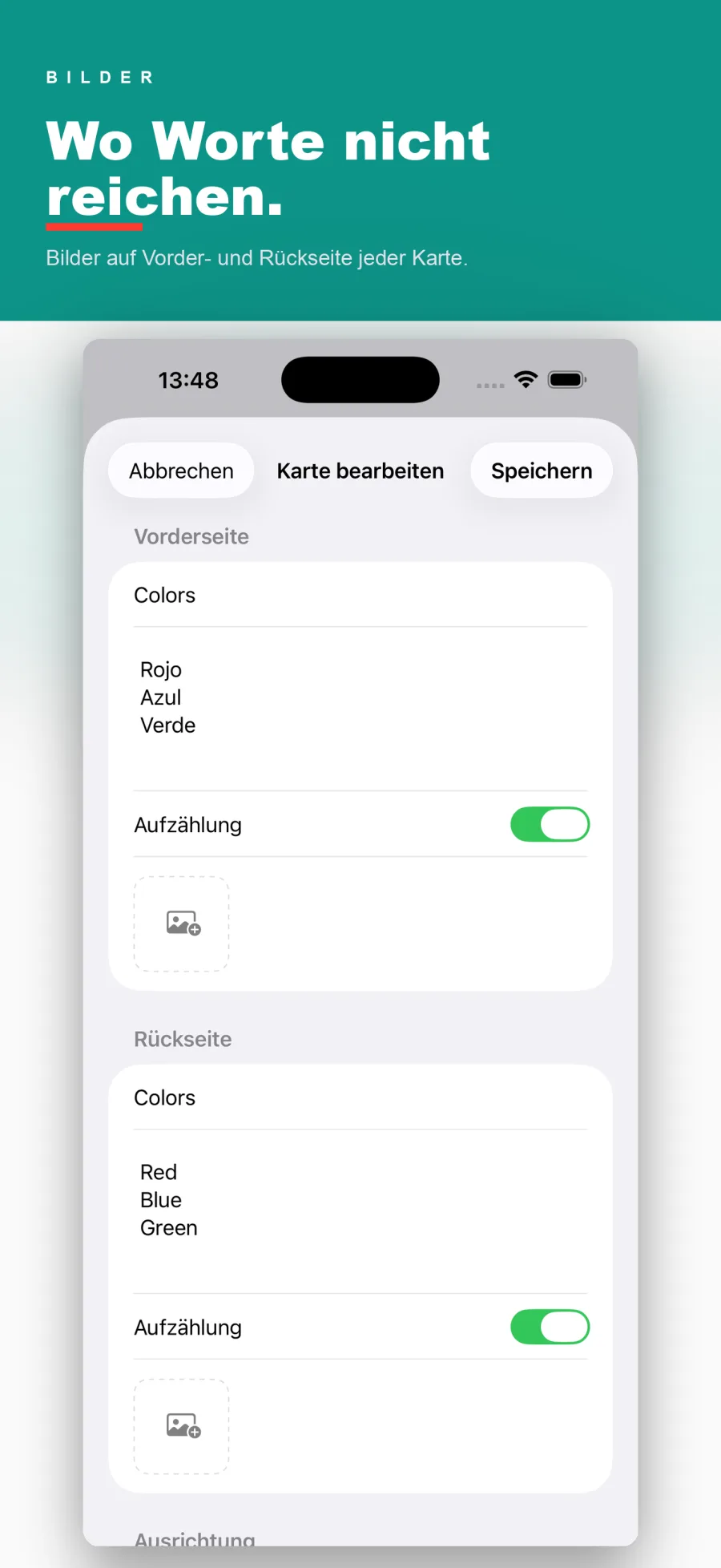 Karte bearbeiten mit Bildplatzhaltern auf Vorder- und Rückseite