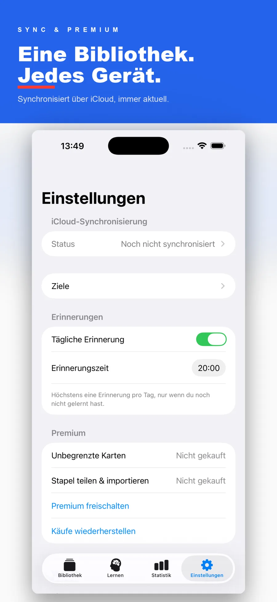 Einstellungen mit iCloud-Sync und Premium-Bereich