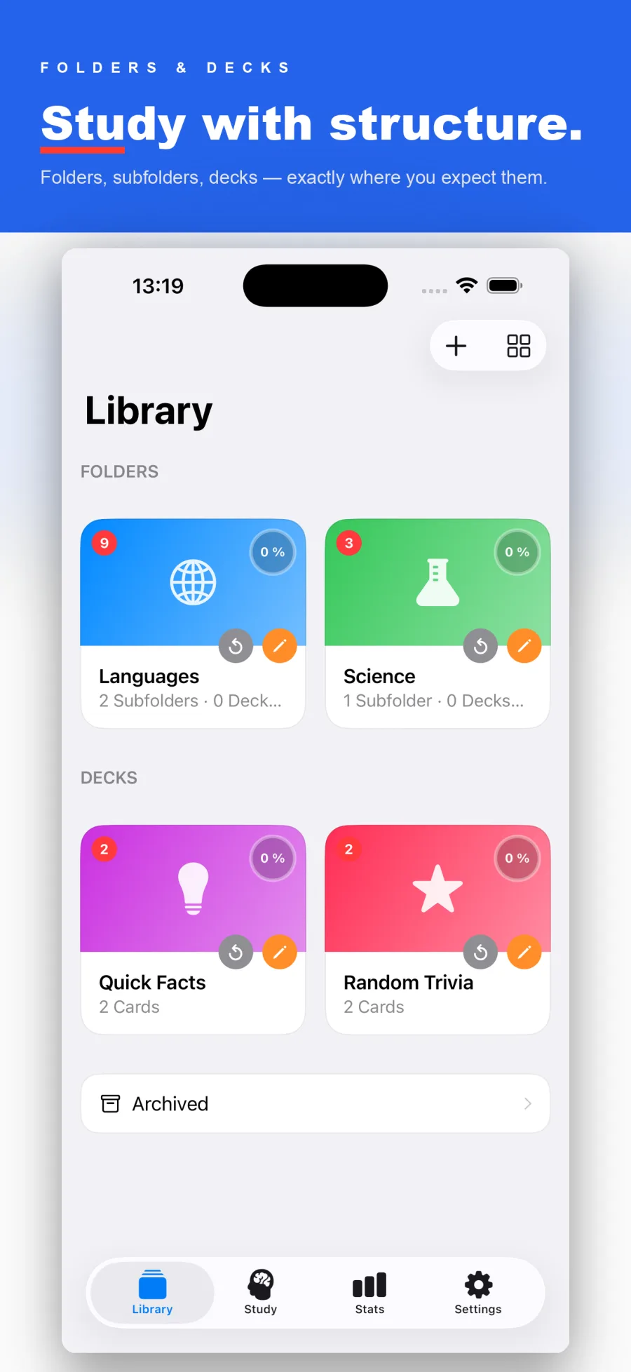 Library screen with color-coded folders and decks