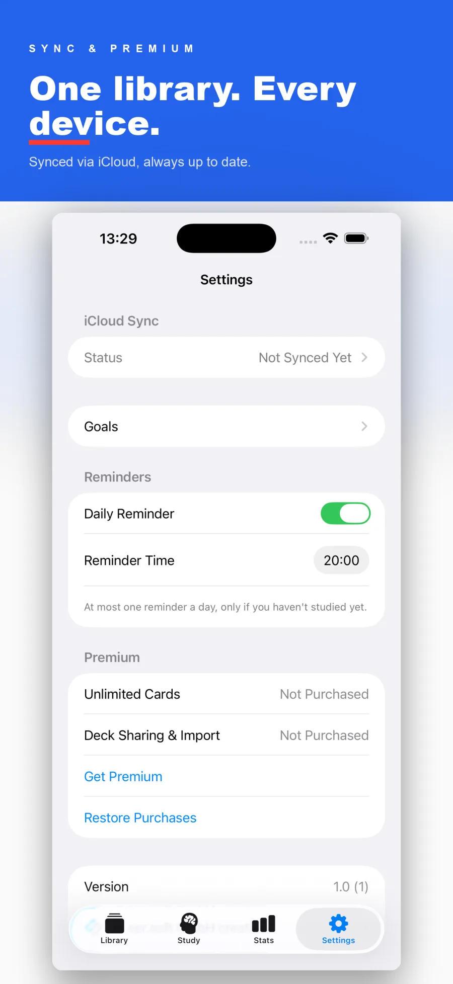 Settings screen with iCloud sync and premium section