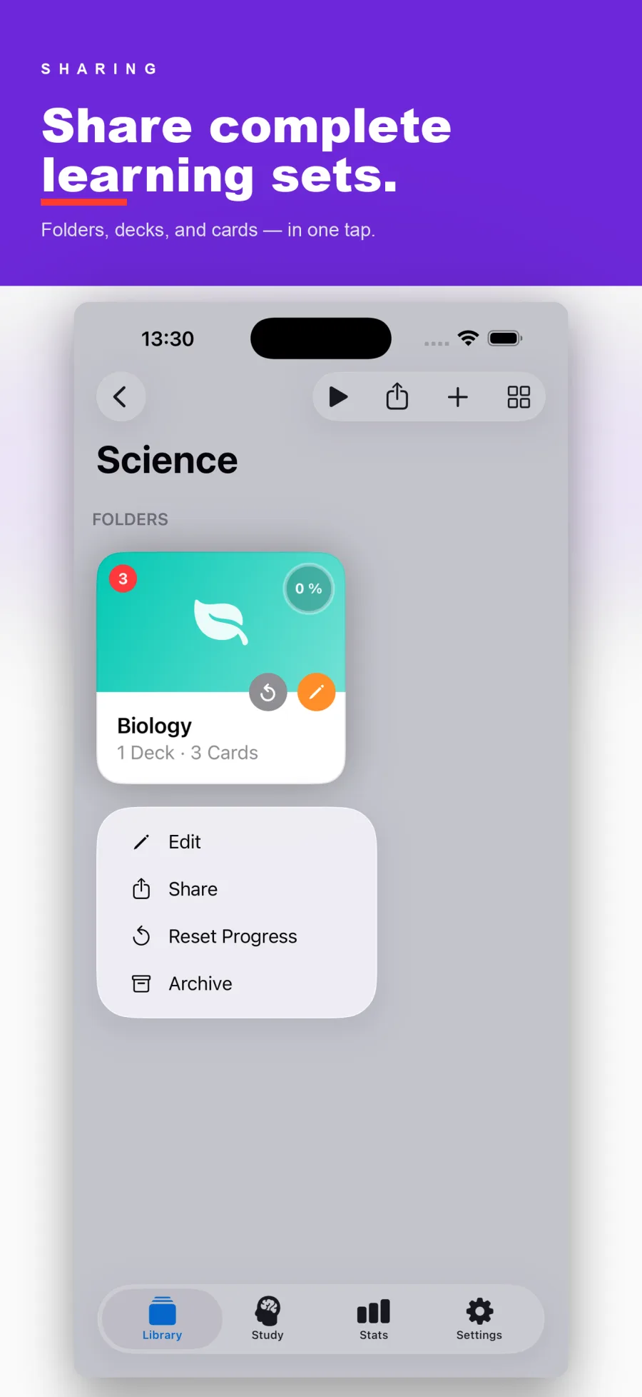 Context menu with edit, share, reset progress and archive