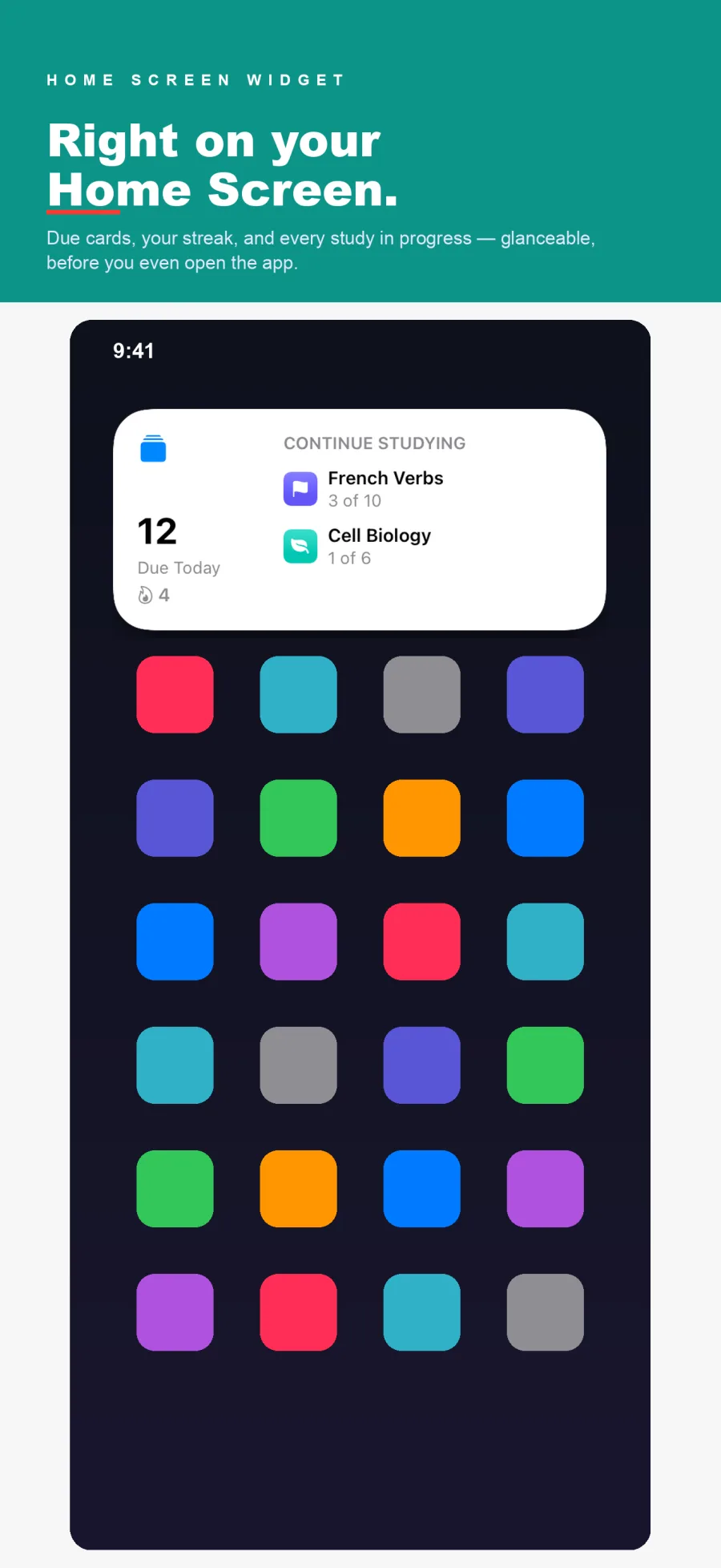 Home Screen widget showing due cards, streak and paused sessions